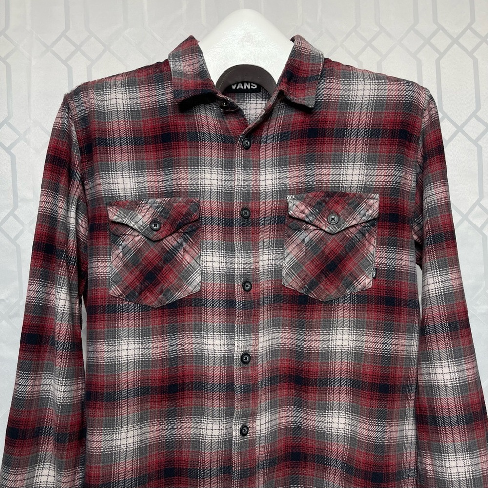 Vans "Off The Wall" Red Grey Plaid Brushed Cotton Flannel Shirt Size Medium